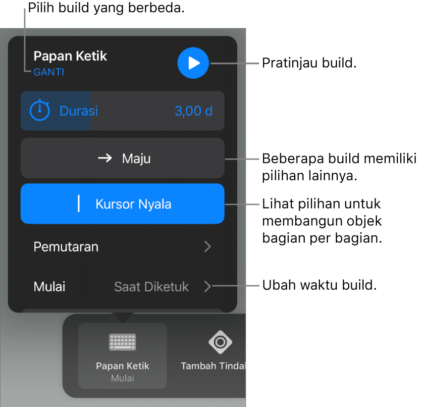Pilihan build termasuk Durasi, Pengiriman, dan Mulai waktu. Ketuk Ubah untuk memilih build berbeda, atau ketuk Pratinjau untuk mempratinjau build.
