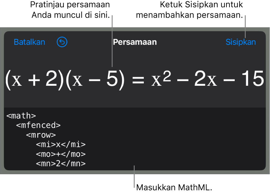 Dialog Persamaan, menampilkan sebuah persamaan ditulis menggunakan perintah MathML, dan pratinjau formula di atas.