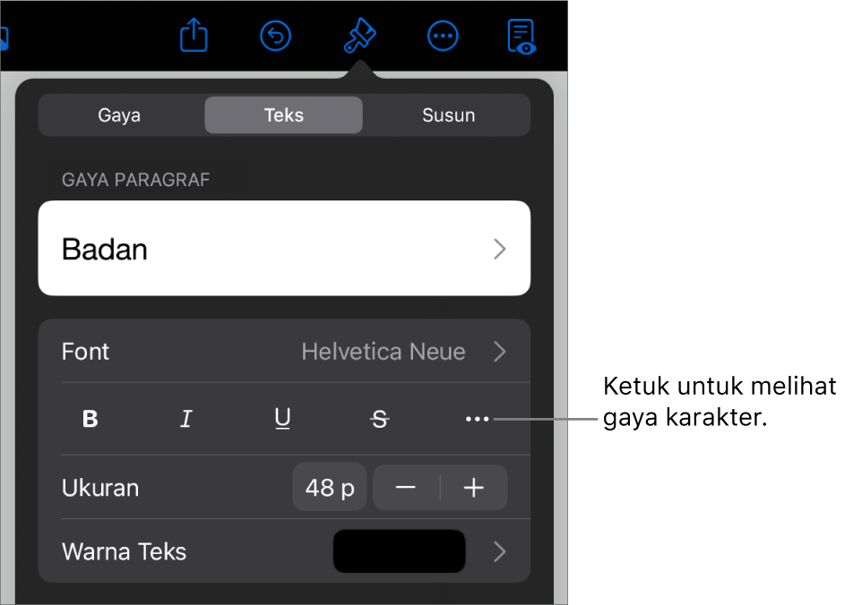 Kontrol Format dengan gaya paragraf di bagian atas, lalu kontrol Font. Di bawah Font terdapat tombol Tebal, Garis Bawah, Coret, dan Pilihan Teks Lainnya.