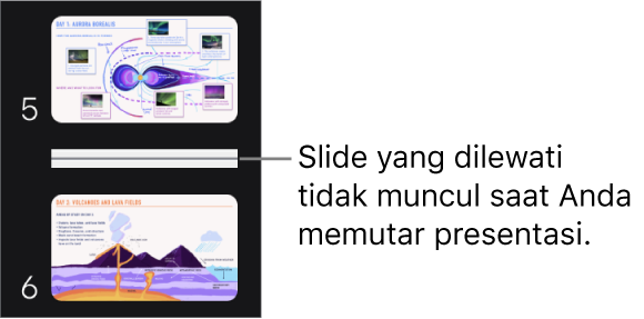 Navigator slide dengan slide yang dilewati ditunjukkan sebagai garis horizontal.