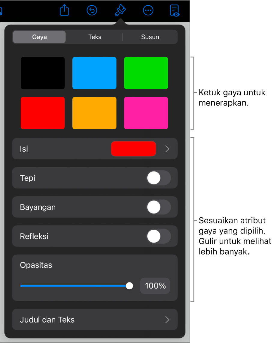 Tab Gaya menu Format dengan gaya objek di bagian atas dan kontrol di bawahnya untuk mengubah tepi, bayangan, refleksi, dan opasitas.