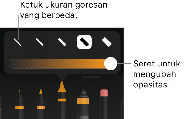 Kontrol untuk memilih ukuran coretan dan penggeser untuk menyesuaikan opasitas.