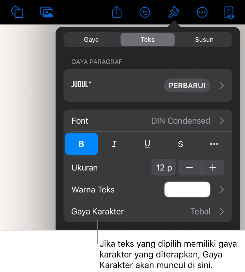 Kontrol pemformatan Teks dengan Gaya Karakter di bawah kontrol Warna. Gaya karakter Tidak Ada muncul dengan asterisk.