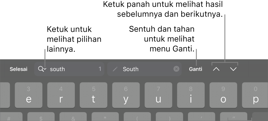 Kontrol Temukan & Ganti di atas papan ketik dengan keterangan pada tombol Pilihan Cari, Ganti, Ke Atas, dan Ke Bawah.