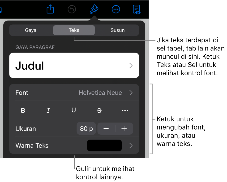 Kontrol teks di menu Format untuk mengatur paragraf dan gaya karakter, font, ukuran, dan warna.
