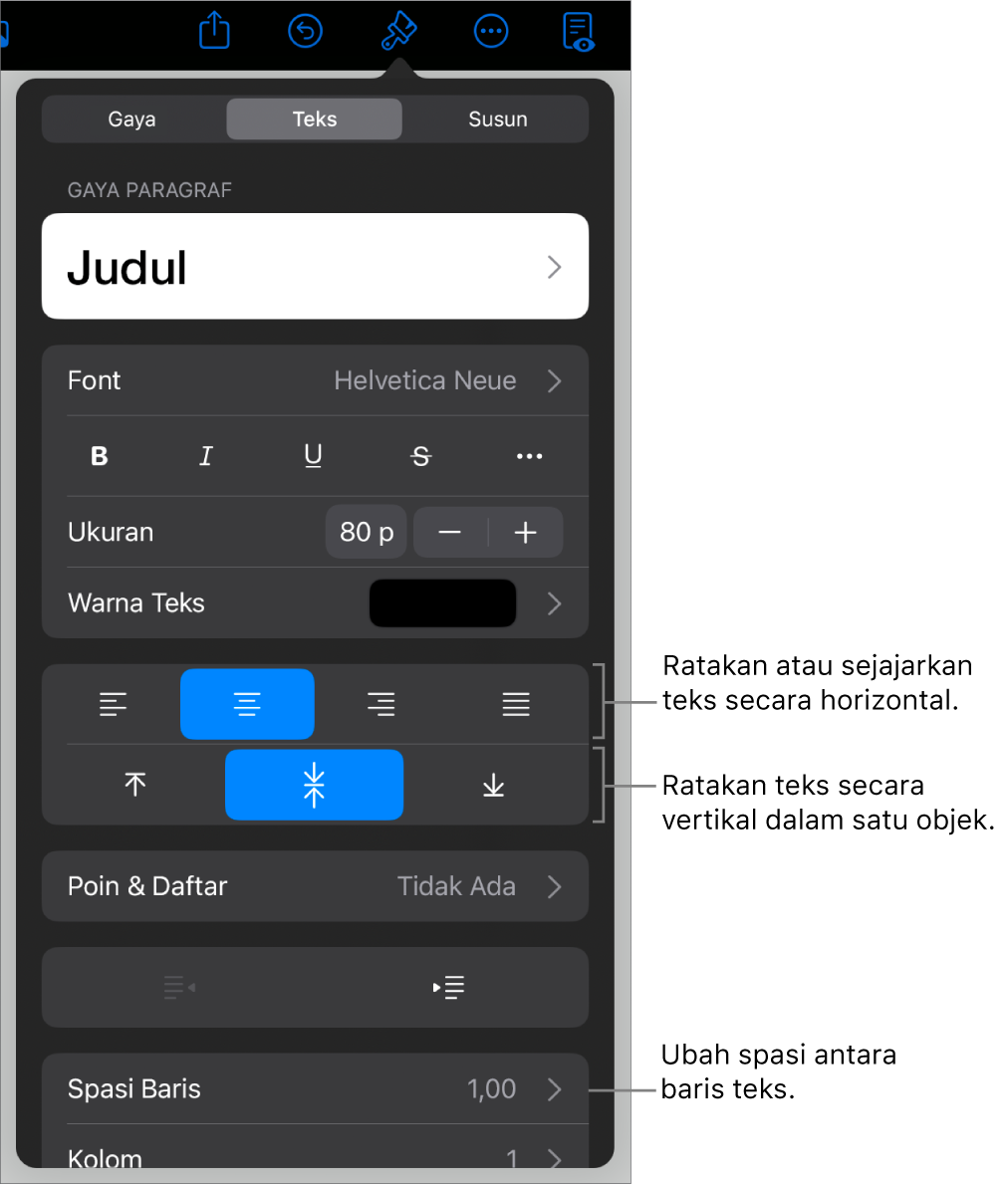 Panel Tata Letak dengan keterangan pada tombol perataan teks dan spasi.