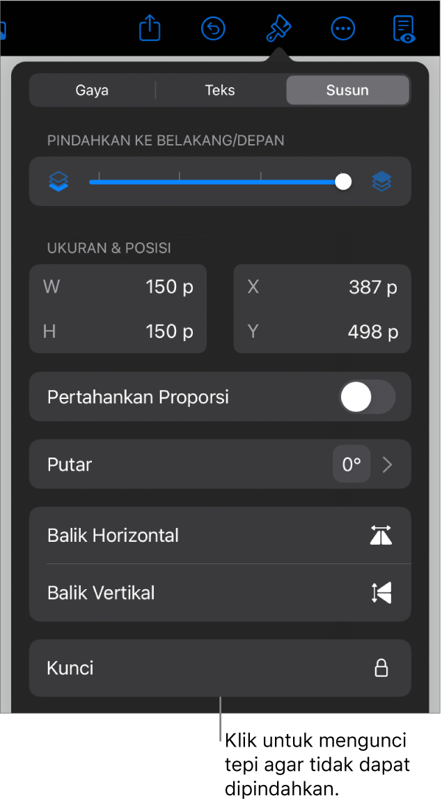 Tombol Susun di menu Format dengan tombol Kunci dijelaskan.