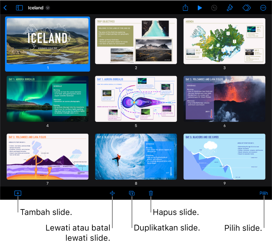 Tampilan tabel ringkas dengan tombol di bagian bawah layar untuk menambahkan, melewati, menduplikatkan, dan menghapus slide, dan untuk memilih beberapa slide.