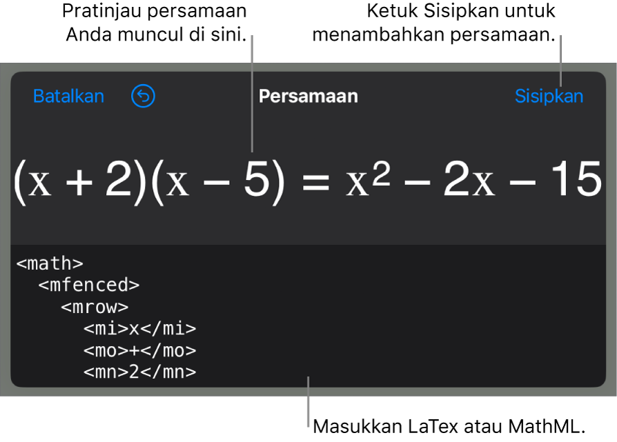 Dialog Persamaan, menampilkan sebuah persamaan ditulis menggunakan perintah MathML, dan pratinjau formula di atas.