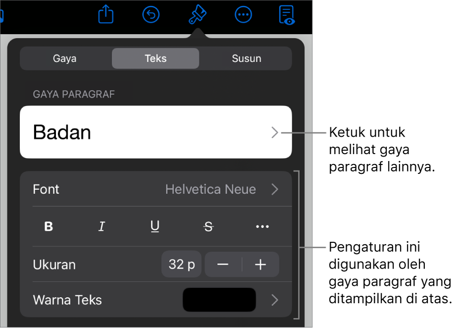 Menu Format menampilkan kontrol teks untuk mengatur paragraf dan gaya karakter, font, ukuran, dan warna.