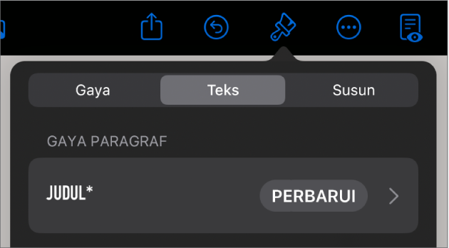Gaya paragraf dengan asterisk di sampingnya dan tombol Perbarui di sebelah kanan.