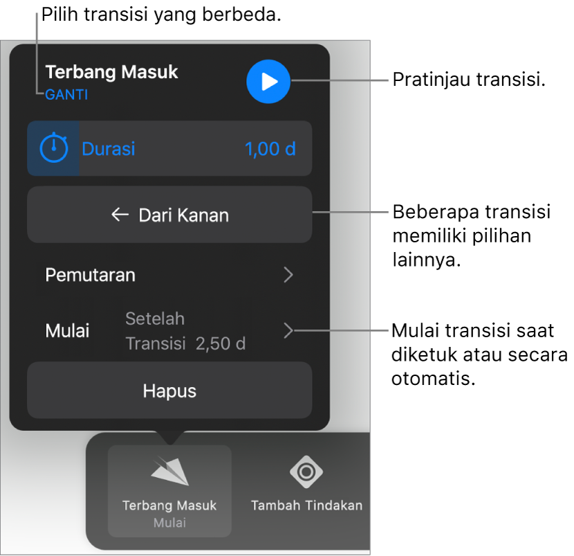 Kontrol di panel Pilihan untuk memodifikasi transisi.