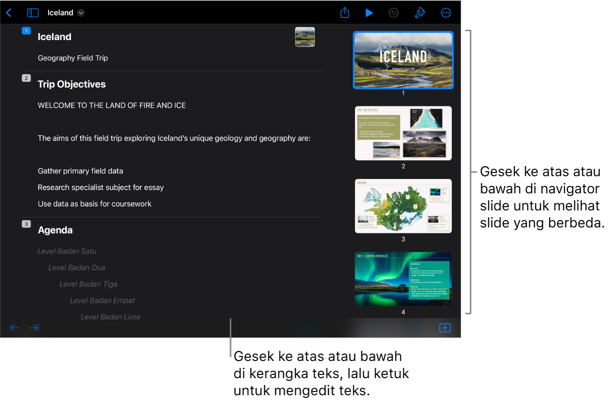Tampilan kerangka dengan kerangka teks di sisi kiri layar, dan navigator slide vertikal di sisi kanan.