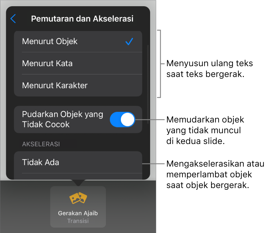 Pilihan pengiriman dan akselerasi Gerakan Ajaib di panel Akselerasi.