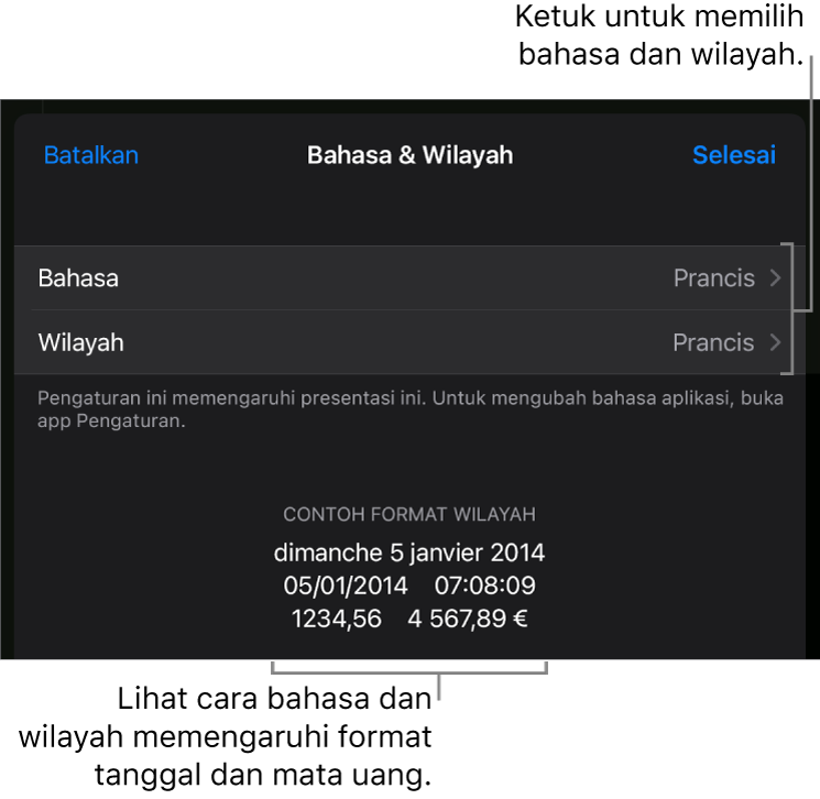 Panel Bahasa dan Wilayah dengan kontrol untuk bahasa dan wilayah, serta contoh format termasuk tanggal, waktu, desimal, dan mata uang.