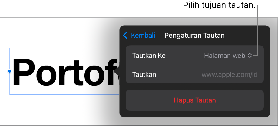 Kontrol editor Pengaturan Tautan dengan Halaman Web dipilih dan tombol Hapus Tautan di bagian bawah.