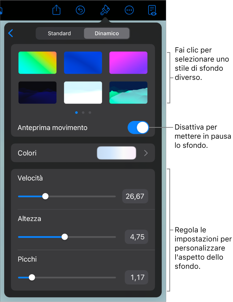 I controlli dello sfondo dinamico con mostrati le miniature dello stile di sfondo, il pulsante “Anteprima movimento” e i controlli di personalizzazione mostrati.