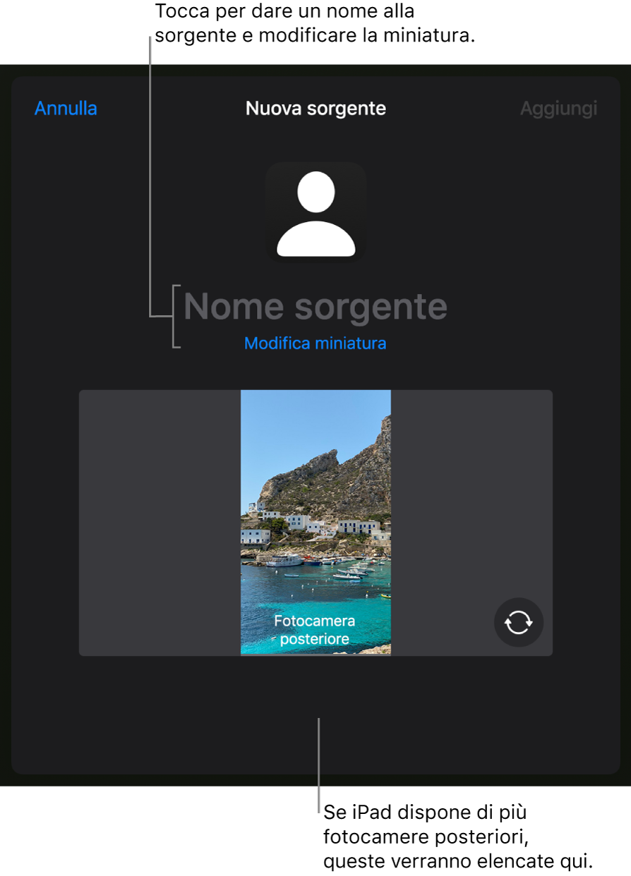 La finestra “Nuova sorgente”, con i controlli per modificare il nome e la miniatura della sorgente sopra un'anteprima in diretta dalla videocamera. Se iPad dispone di più videocamere posteriori, i pulsanti per selezionarle verranno visualizzati nella parte inferiore dello schermo.