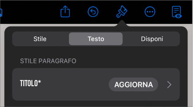 Stile paragrafo con un asterisco vicino e un pulsante Aggiorna sulla destra.