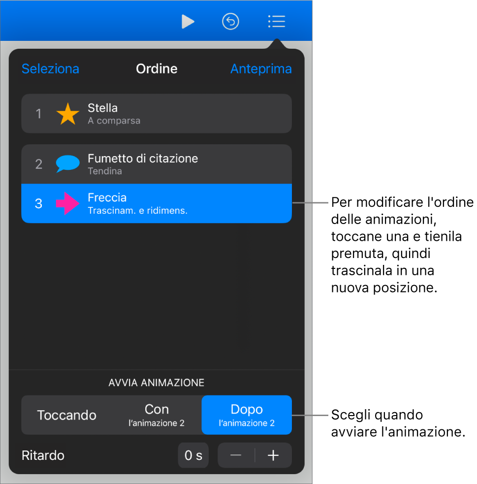 Elenco “Ordine animazioni” che mostra effetti in entrata con badge gialli ed effetti in uscita con badge grigi.