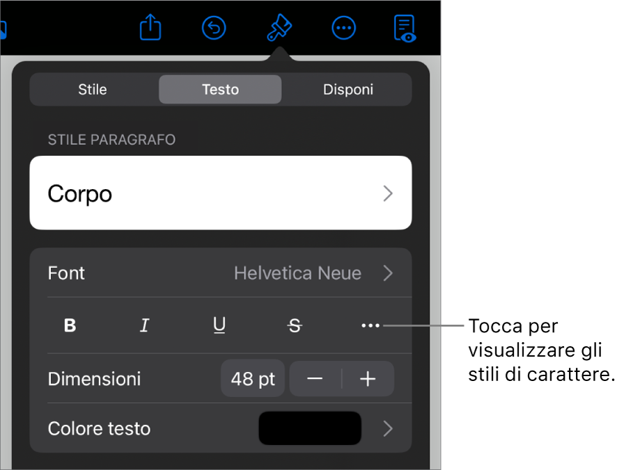 I controlli Formato con gli stili di paragrafo nella parte superiore, quindi i controlli Font. Sotto Font sono presenti i pulsanti Grassetto, Corsivo, Sottolineato, Barrato e “Altre opzioni di testo”.