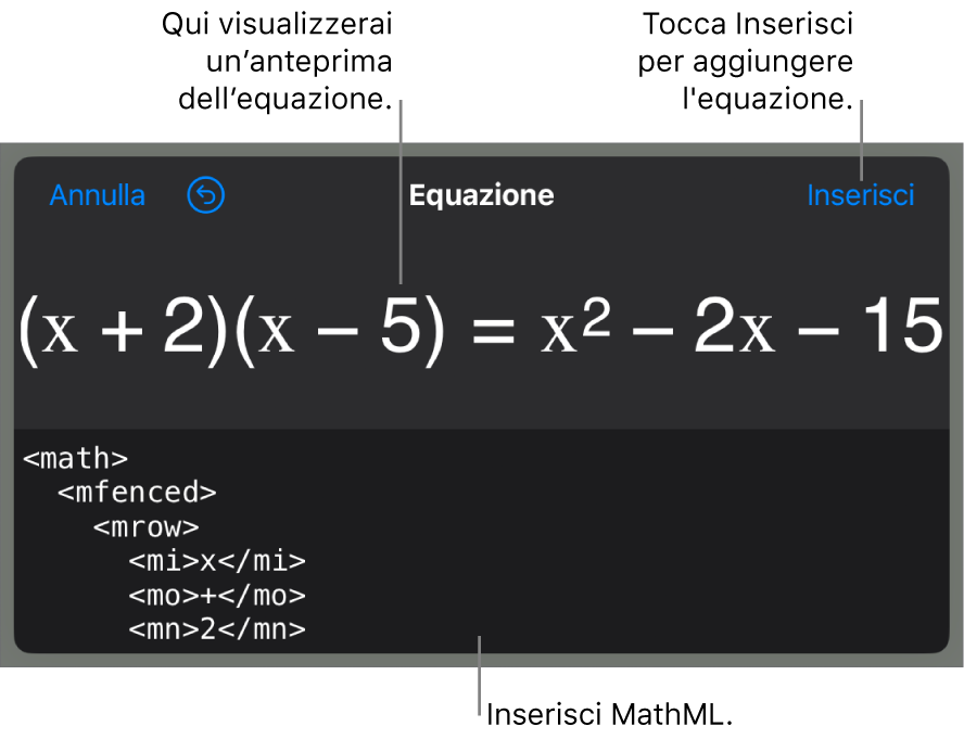 La finestra di dialogo Equazione che mostra l'equazione scritta tramite comandi MathML e un'anteprima della formula di cui sopra.
