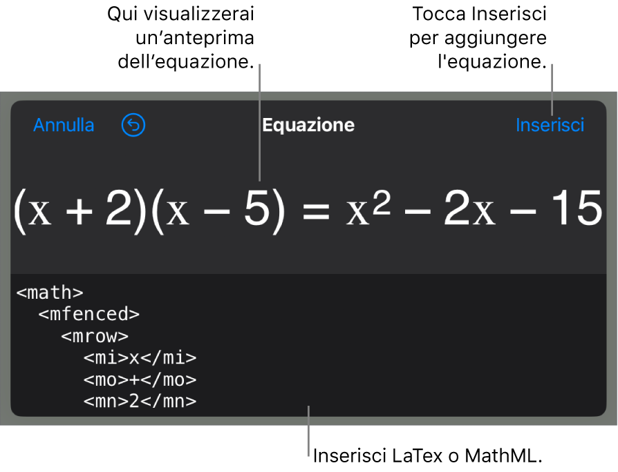 La finestra di dialogo Equazione che mostra l'equazione scritta tramite comandi MathML e un'anteprima della formula di cui sopra.