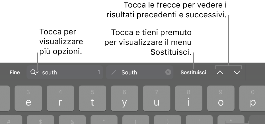 I controlli di “Trova e sostituisci” sopra alla tastiera con le didascalie delle opzioni di Ricerca, Sostituisci e i pulsanti “Freccia su” e “Freccia giù”.