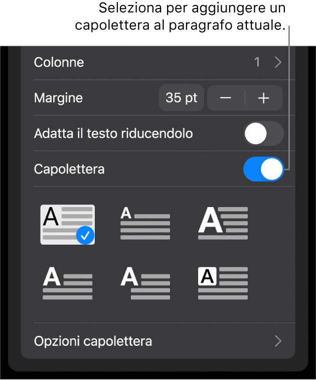 I controlli Capolettera situati nella parte inferiore del menu Testo.
