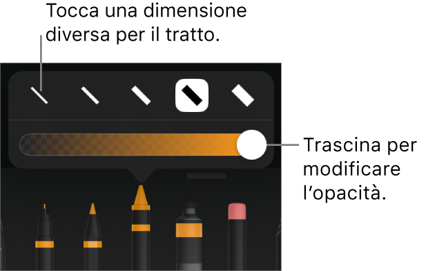 Controlli per scegliere una dimensione tratto e cursore per regolare l'opacità.