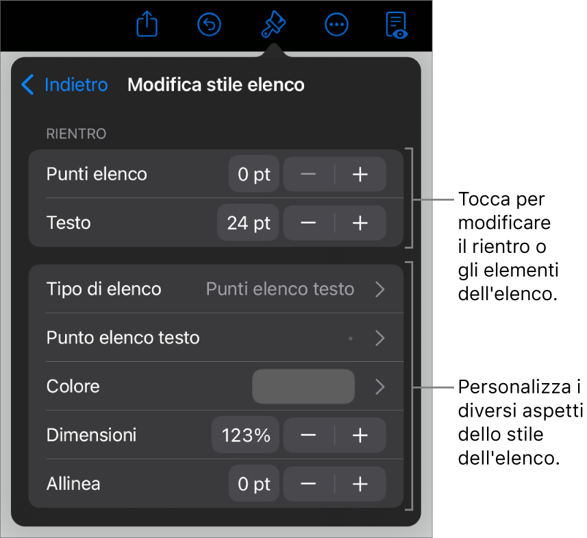 Menu “Modifica stile elenco” con controlli per modificare il tipo e l'aspetto dell'elenco.