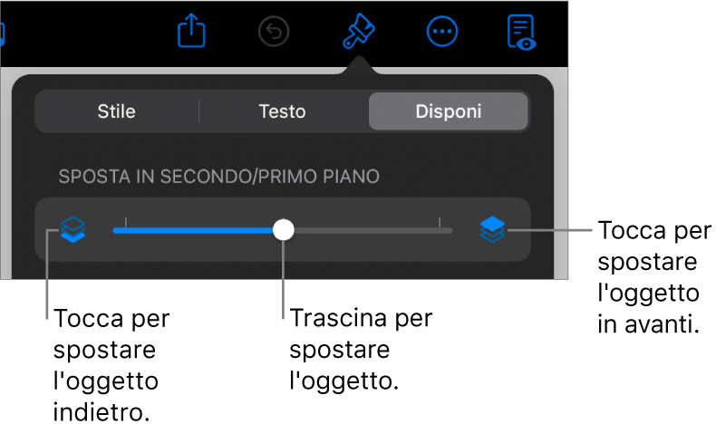 Pulsante sposta indietro, pulsante sposta avanti e cursore livelli.