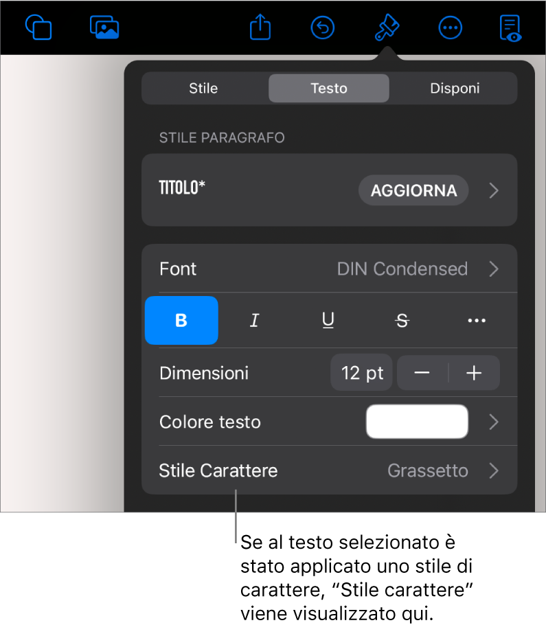 Controlli di Formato con “Stile carattere” sotto i controlli di Colore. Stile carattere Nessuno compare con un asterisco.