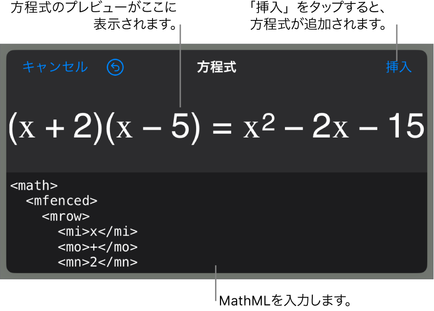 「方程式」ダイアログ。MathMLコマンドを使用して書き込まれた方程式が表示され、その上に公式のプレビューが表示されています。