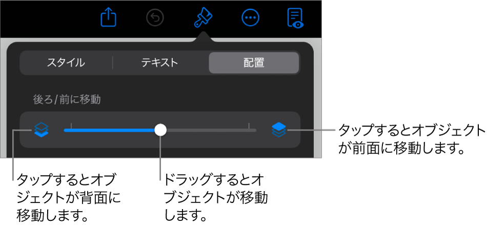 後ろに移動ボタン、前に移動ボタン、およびレイヤーのスライダ。