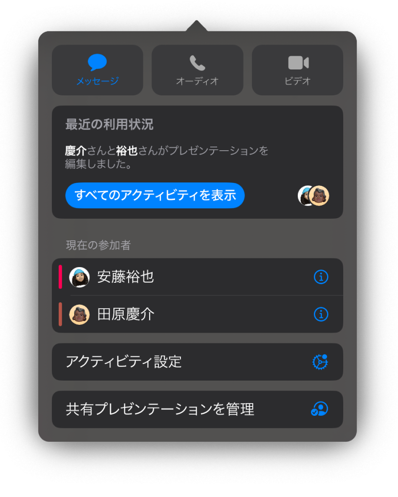 プレゼンテーションを共同制作している人々の名前を示す共同制作メニュー。