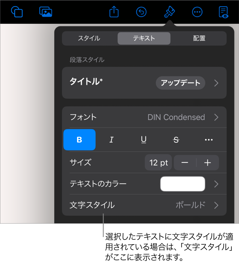 「テキスト」フォーマットコントロール。「カラー」コントロールの下に「文字スタイル」があります。文字スタイル「None」にアスタリスクが付いて表示されています。