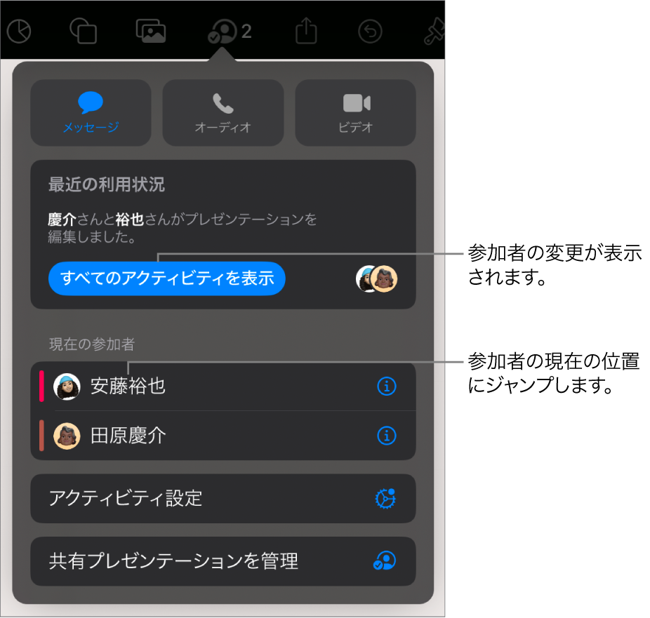 「共同制作」メニュー。現在の参加者が表示されています。