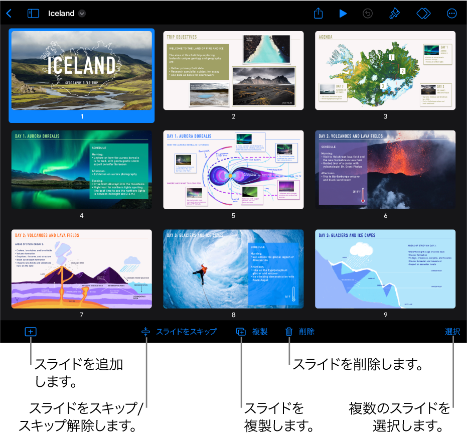 ライトテーブルビュー。画面の下部には、スライドを追加、スキップ、複製、および削除したり、複数のスライドを選択したりするためのボタンがあります。