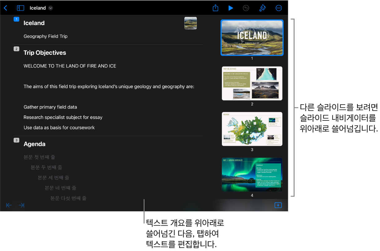 화면 왼쪽에는 텍스트 개요가 있고, 오른쪽에는 세로 슬라이드 내비게이터가 있는 개요 보기.