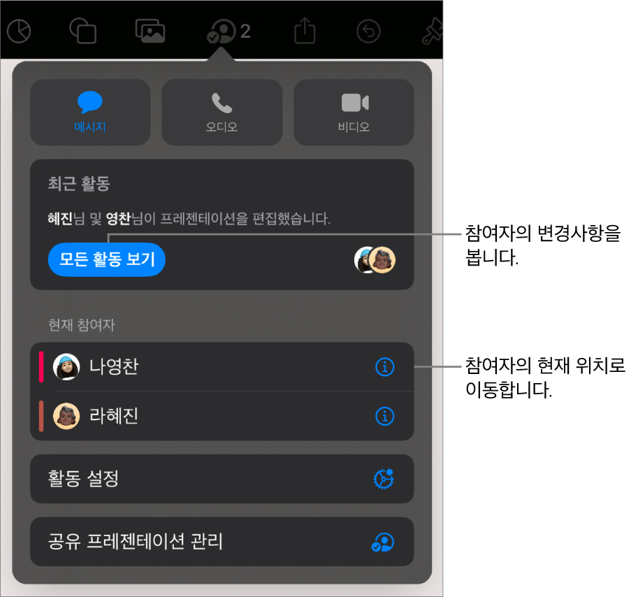 현재 참여자가 나열된 공동 작업 메뉴.
