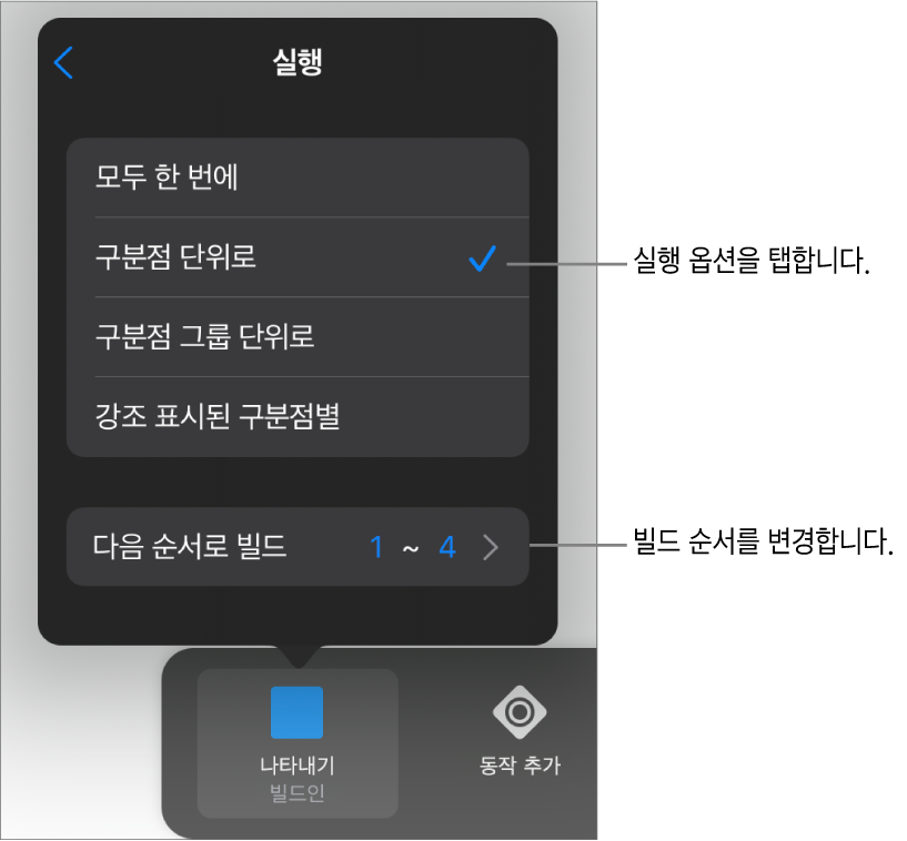 빌드인 패널에 실행 옵션.