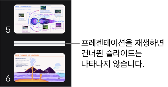 가로 선으로 표시되는 건너뛴 슬라이드가 있는 슬라이드 내비게이터.