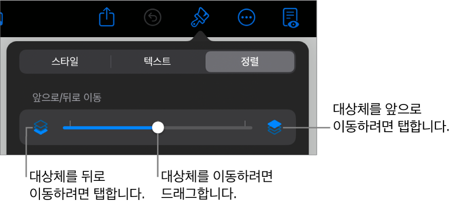 뒤로 이동 버튼, 앞으로 이동 버튼, 레이어 슬라이더.