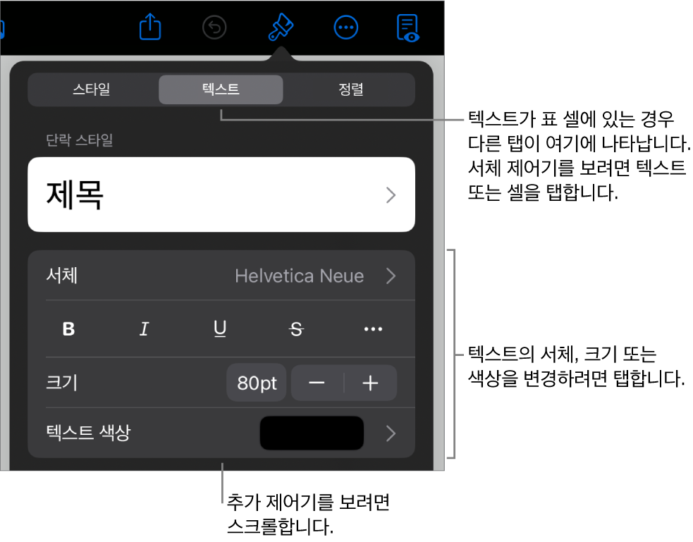 포맷 메뉴에 있는 단락, 문자 스타일, 서체, 크기 및 색상을 설정할 수 있는 텍스트 제어기.