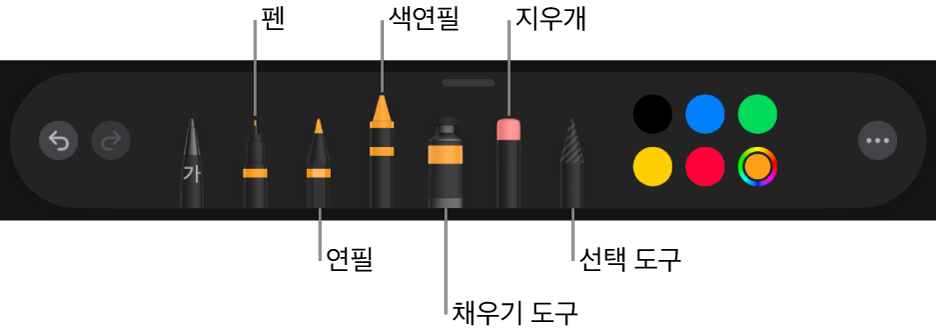 펜, 연필, 색연필, 채우기 도구, 지우개, 선택 도구 및 현재 색상을 표시하는 색상 저장소가 있는 그리기 도구 막대.