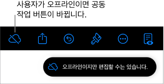화면 상단의 버튼 중, 공동 작업 버튼이 대각선이 있는 구름으로 바뀜. ‘오프라인이지만 편집할 수는 있습니다.’라는 경고가 화면에 있음.