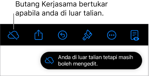 Butang di bahagian atas skrin, dengan butang Kerjasama bertukar menjadi awan dengan garis pepenjuru merentasinya. Isyarat pada skrin menyatakan “Anda di luar talian tetapi masih boleh mengedit”.