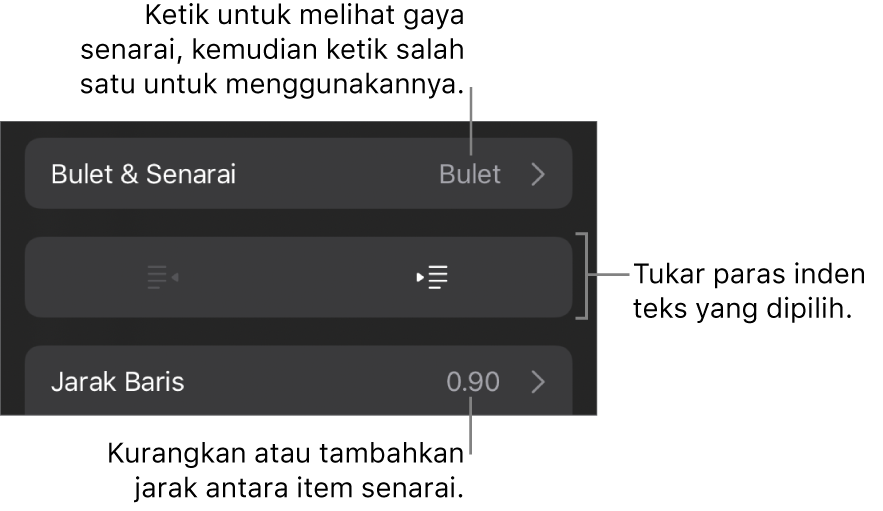 Bahagian Bulet & Senarai daripada kawalan Format dengan petak bual ke Bulet & Senarai, butang outden dan inden serta kawalan jarak baris.