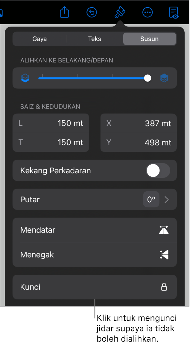Kawalan Susun dalam menu Format dengan butang Kunci aktif.